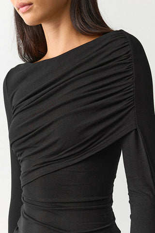 Ruched Boat Neck Long Sleeve Crop Top