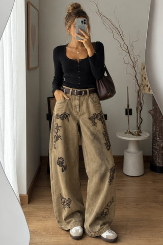 Floral Print High-Waist Baggy Jeans