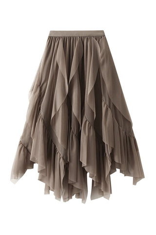 Tiered Ruffle Sheer A-Line Midi Skirt