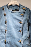 Double-Breasted Collarless Denim Jacket