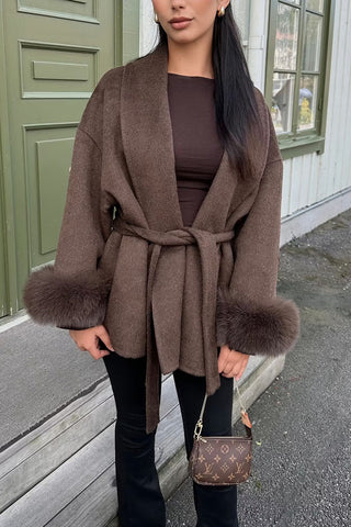 Faux Fur Cuff Wrap Belted Coat
