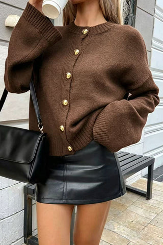 Button Crew Neck Knit Cardigan
