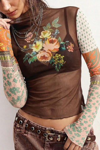 Sheer Mesh Floral Patchwork Mock Neck Top