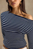 Striped One-Shoulder Ribbed Long Sleeve Top