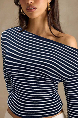 Striped One-Shoulder Ribbed Long Sleeve Top