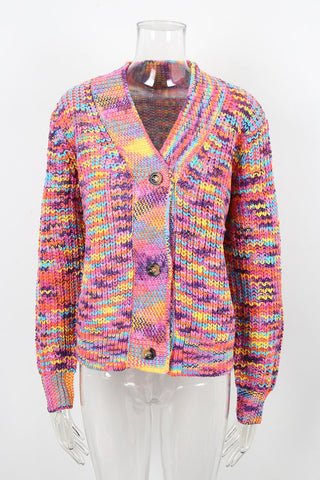 Multicolor Knit V-Neck Button Cardigan