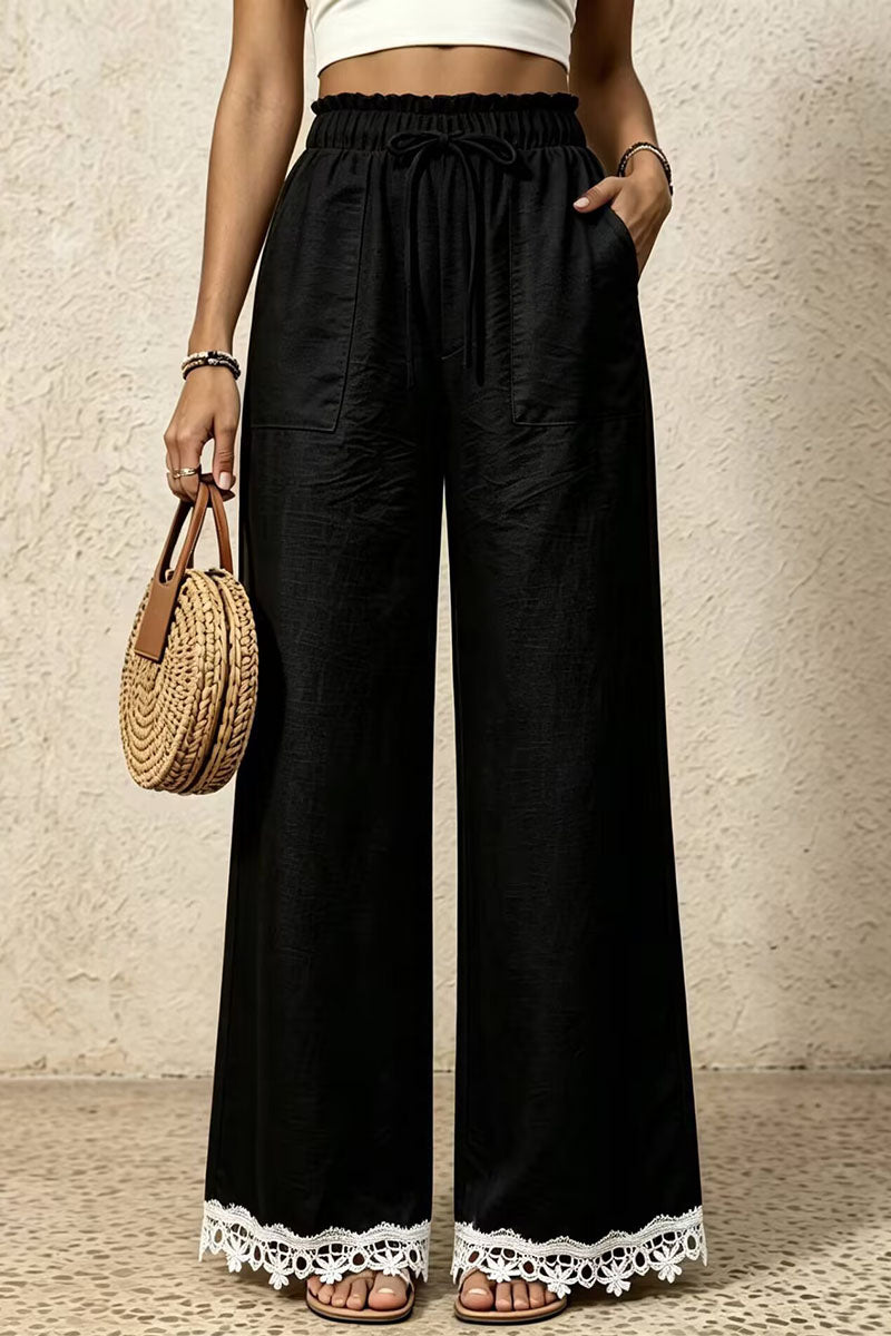 Ruffle Waist Lace-Trim Wide-Leg Pants