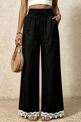 Ruffle Waist Lace-Trim Wide-Leg Pants