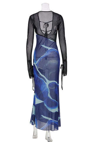 Sheer Sleeve V-Neck Abstract Print Maxi Dress