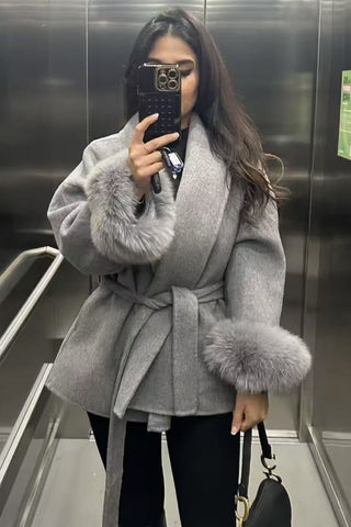 Faux Fur Cuff Wrap Belted Coat
