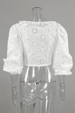 Lace Puff Sleeve Lace-Up Crop Top
