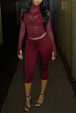 Sheer Mock Neck Crop Top and Capri Pants Set