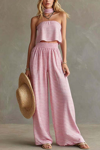 Striped Tube-Top High-Waist Pants Set