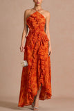 Floral Ruffle Halter Pleated Evening Dress