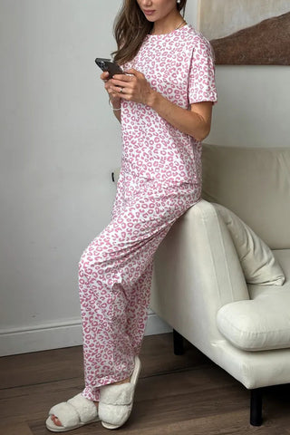 Leopard Print Crew Neck Pants Set