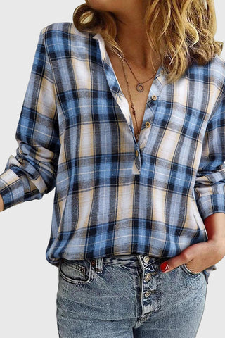 Plaid V-Neck Button-Front Long Sleeve Shirt