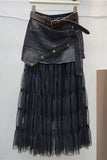 Denim Overlay Tiered Mesh Midi Skirt