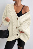 Cable Knit Button-Front Balloon Sleeve Cardigan