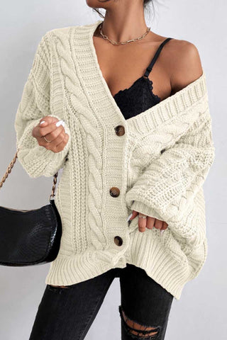 Cable Knit Button-Front Balloon Sleeve Cardigan