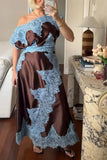 One-Shoulder Lace Overlay Satin Maxi Dress