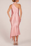 One-Shoulder Tie Neck Satin Midi Dress