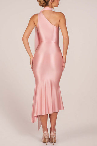 One-Shoulder Tie Neck Satin Midi Dress