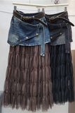 Denim Overlay Tiered Mesh Midi Skirt