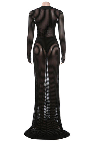 Sheer Striped Long-Sleeve Maxi Dress