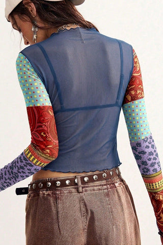 Sheer Mesh Floral Patchwork Mock Neck Top
