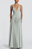 Ruched Halter V-Neck Maxi Casual Dress