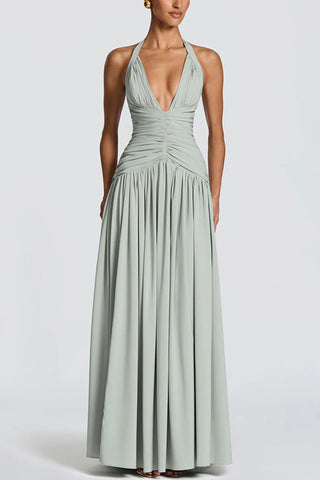 Ruched Halter V-Neck Maxi Casual Dress