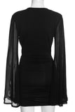 Sheer Bell Sleeve Plunge Ruched Mini Dress