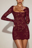 Floral Lace Square Neck Long Sleeve Mini Dress