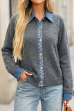 Denim Trim Button-Front Knit Cardigan