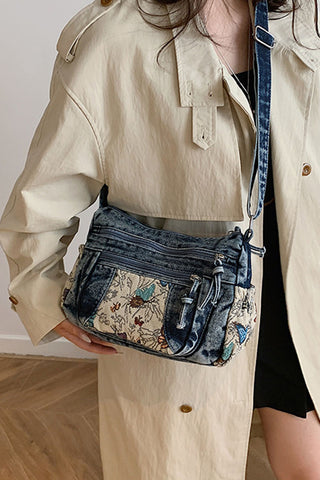 Floral Patch Zipper Drawstring Bag