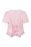 Round Neck Puff Sleeve Lace Trim Drawstring Blouse