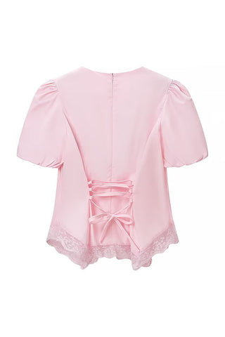 Round Neck Puff Sleeve Lace Trim Drawstring Blouse
