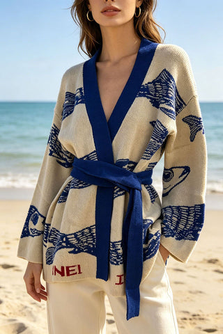 Fish Print Wrap V-Neck Belted Cardigan