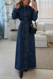 Belted Mock Neck Denim Maxi Coat
