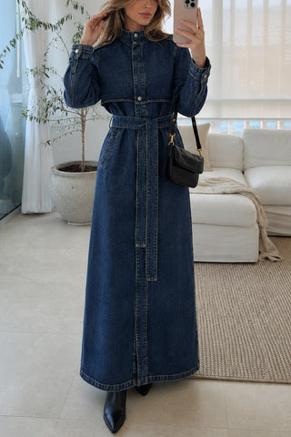 Belted Mock Neck Denim Maxi Coat