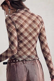Plaid Mock Neck Sheer Long Sleeve Top