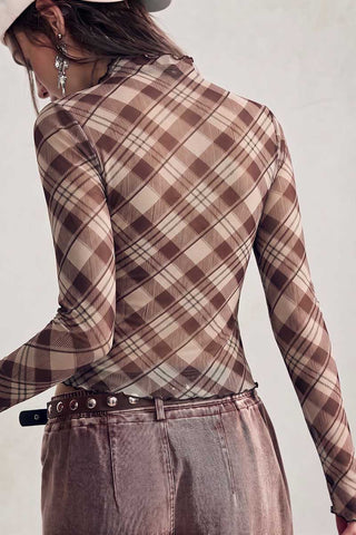 Plaid Mock Neck Sheer Long Sleeve Top