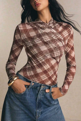 Sheer Plaid Mock Neck Long Sleeve Bodysuit