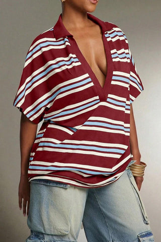 Striped Collar Deep V-Neck Polo