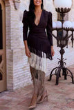 V-Neck Puff Sleeve Tiered Fringe Dress