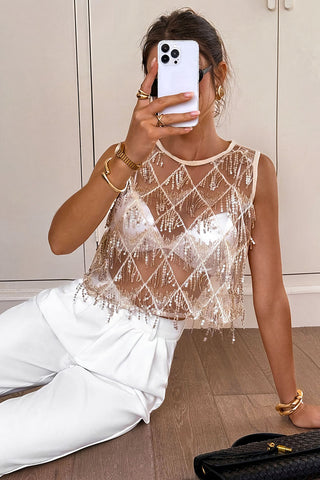 Sheer Sequin Fringe Crew Neck Tank