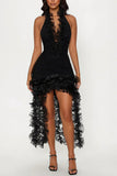 Ruched Halter Ruffle High-Low Casual Dress