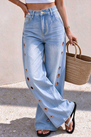 Metal Eyelet High-Waist Wide-Leg Baggy Jeans