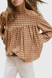 Plaid Mock Neck Puff Sleeve Blouse