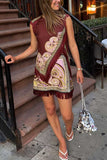 Fringe Trim Printed Sleeveless Mini Skirt Set